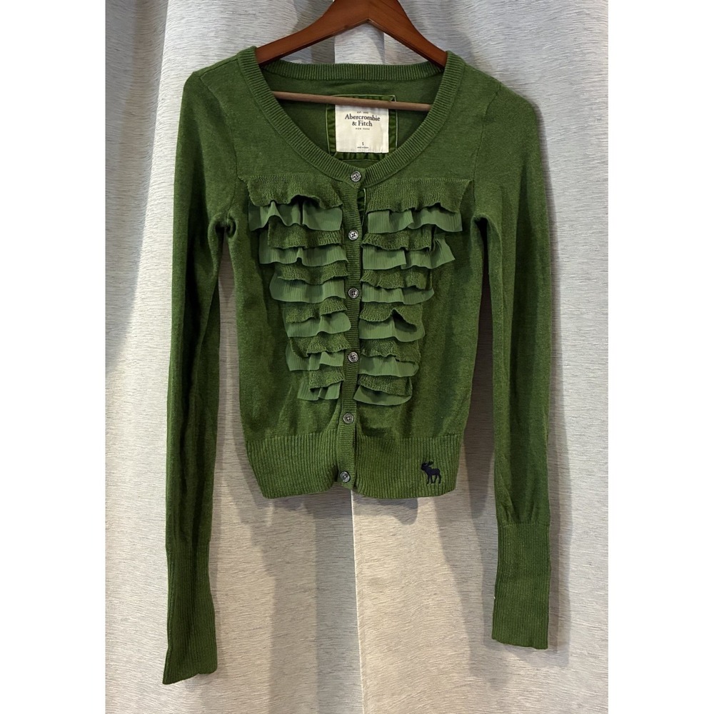 Abercrombie Fitch Women's S Green Ruffle Long Sleeve Button Up Sweater Cardigan